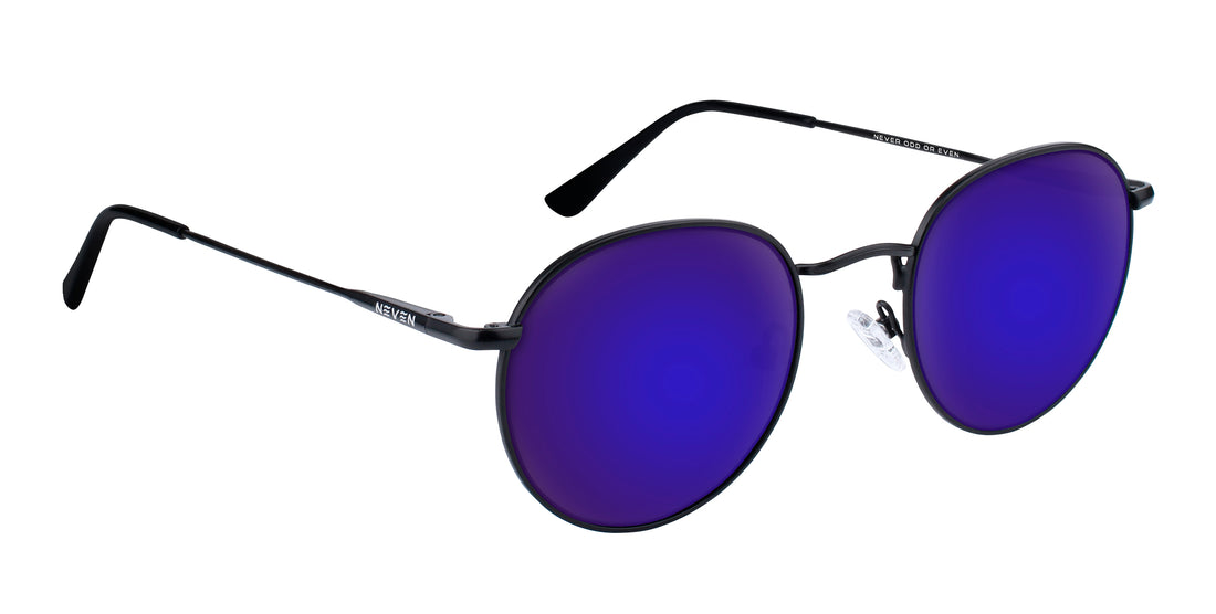 Angled close-up of Saint prescription aviator sunglasses showcasing purple mirrored lenses and thin black metal frame on white background