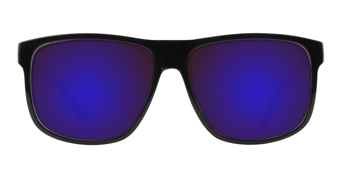 Front close-up of Cinder prescription sunglasses showcasing black glossy frame and purple mirrored lenses on a white background