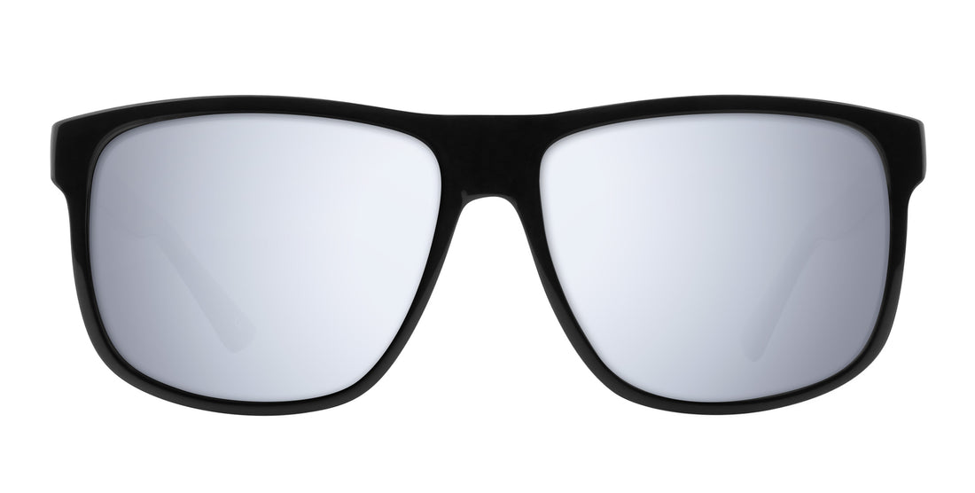 Close-up front view of Cinder sunglasses showcasing glossy black frame with silver mirrored prescription lenses on white background