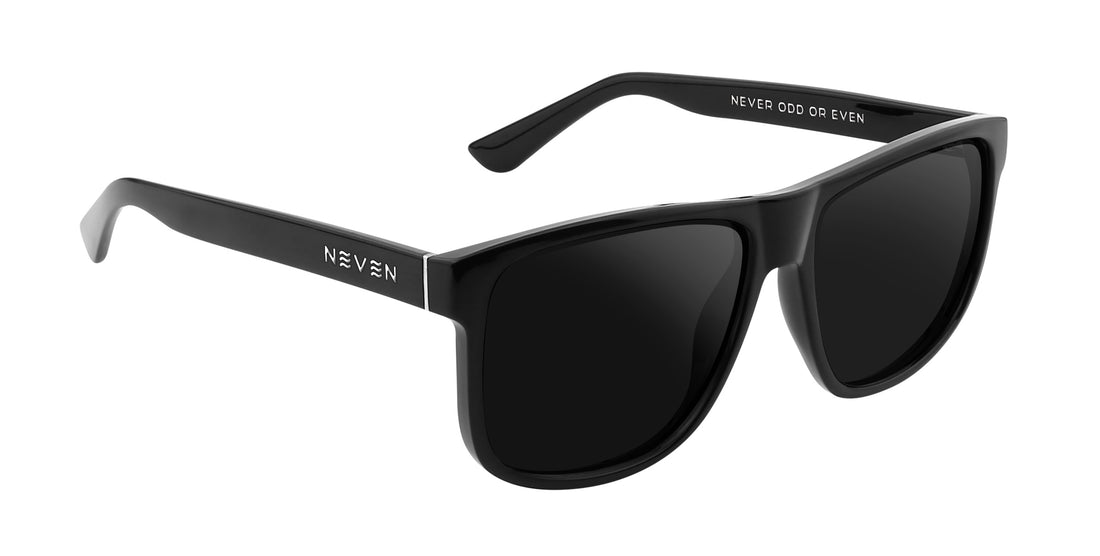 Three-quarter close-up of Cinder Rx sunglasses with glossy black frame, maroon mirrored lenses and silver accents on white