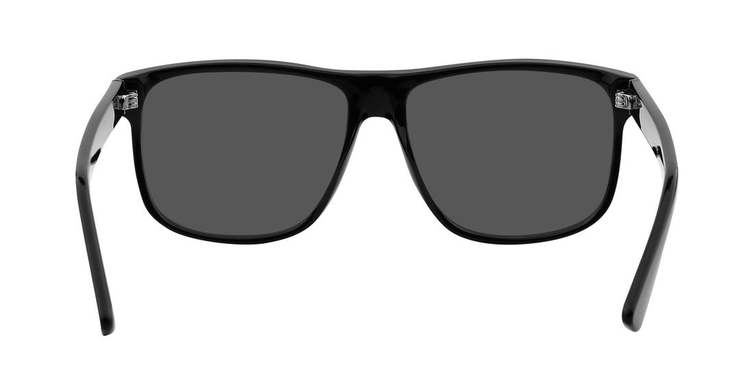 Front view of Cinder sunglasses showcasing a black rectangular frame, maroon mirrored lenses, and silver accents on a white background