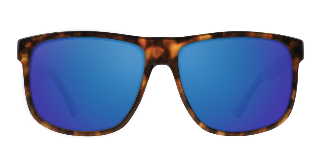 Front view of Ember sunglasses showcasing tortoiseshell frame and blue mirrored prescription lenses on white background