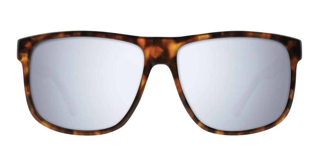 Front view of Ember prescription sunglasses showcasing large tortoiseshell frame and light mirrored lenses on white background