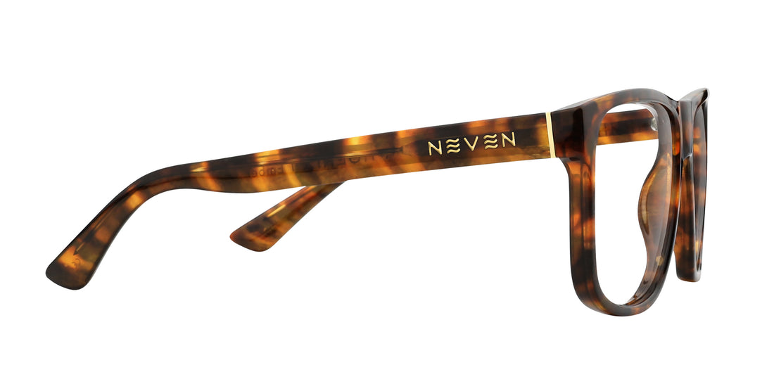 Side view of Ember prescription frame showing tortoise shell temple, gold Neven logo and stainless steel hinge on white background