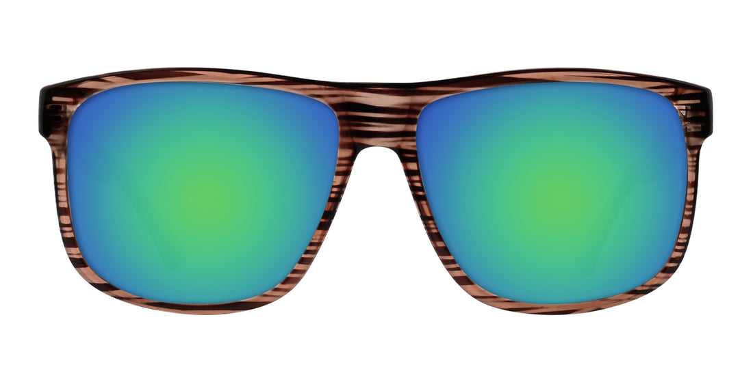 Front close-up of Solana prescription sunglasses with wood-grain transparent gloss frame and green mirrored lenses on white