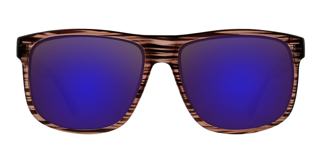 Front view of Solana prescription sunglasses showing wood-grain frame with purple mirrored lenses on white background