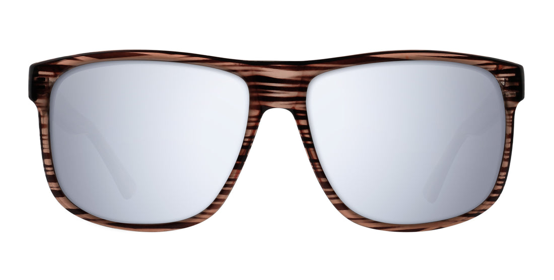 Front view of Solana prescription sunglasses showcasing wood-grain gloss frame and large square lenses on white