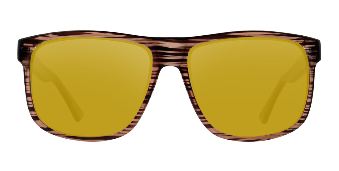 Front close-up of Solana prescription sunglasses showing large wood-grain transparent frame with yellow lenses on white