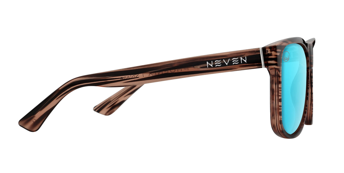 Side view of Solana sunglasses showcasing a wood-grain rectangular frame and vibrant blue polarized lenses on a white background