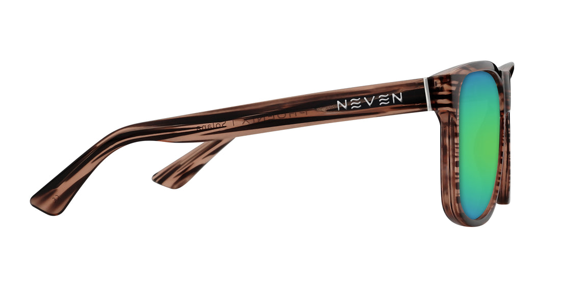 Side view of Solana Rx sunglasses showing wood grain transparent gloss frame, Neven logo on temple and green mirrored lens