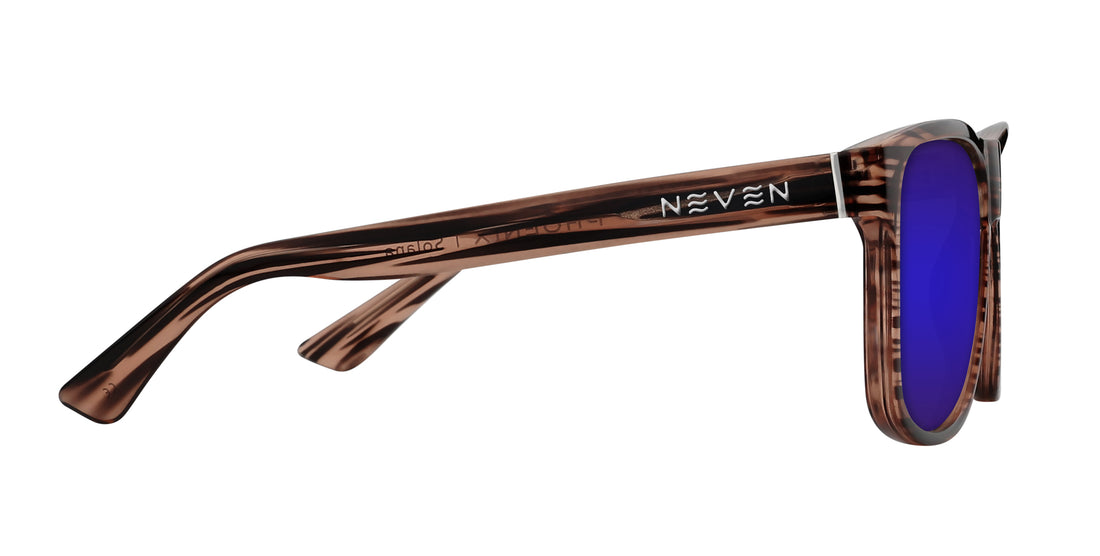 Right view of Solana sunglasses with transparent wood-grain frame, Neven logo on temple and purple mirrored lens on white