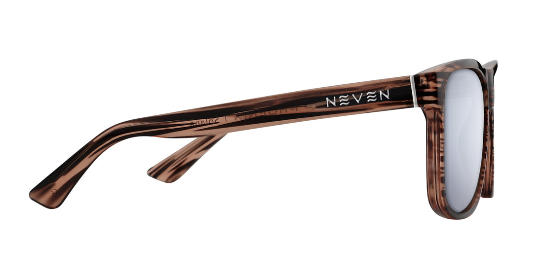 Side view of Solana prescription sunglasses with wood-grain transparent frame and Neven logo on temple, white background