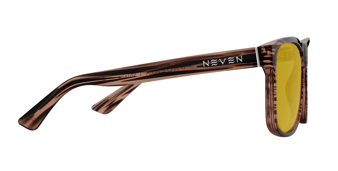 Side close-up of Solana prescription sunglasses showing wood-grain temple with NEVEN logo and yellow lens