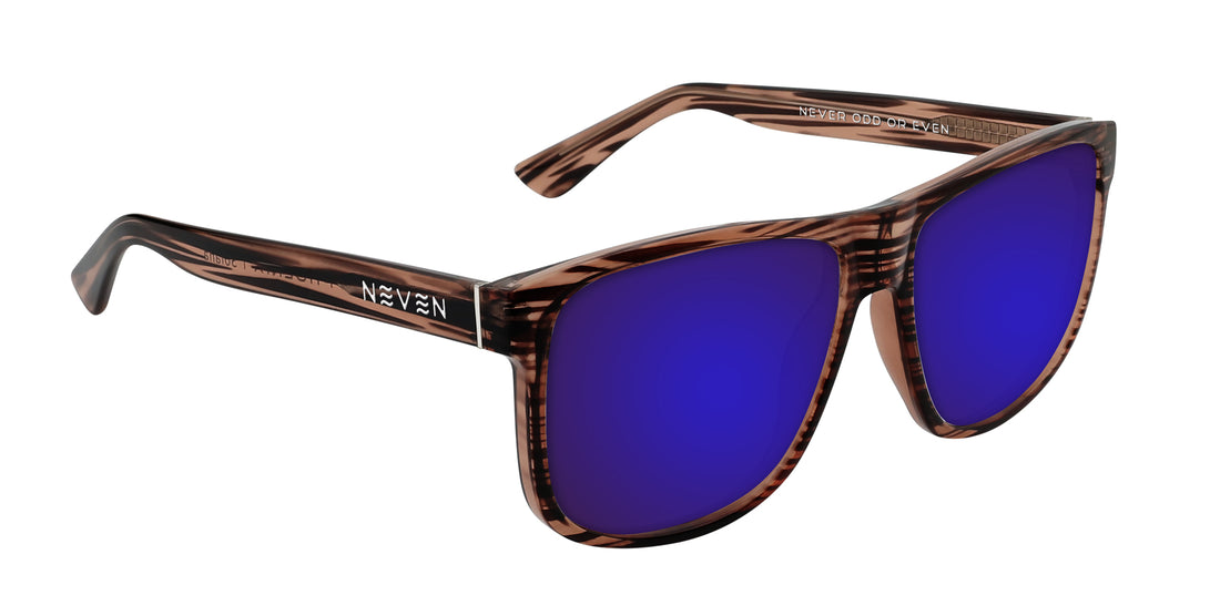Three-quarter close-up of Solana prescription sunglasses with wood-grain gloss frame and purple mirrored lenses on white