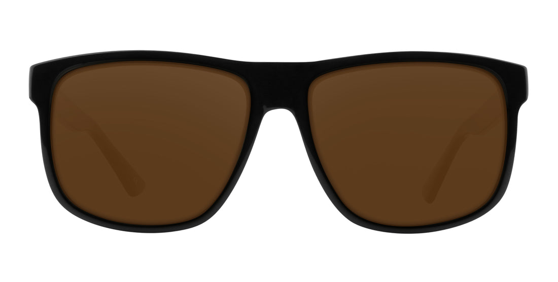Front view of Triumph prescription sunglasses showing glossy black large frame with brown lenses on white background