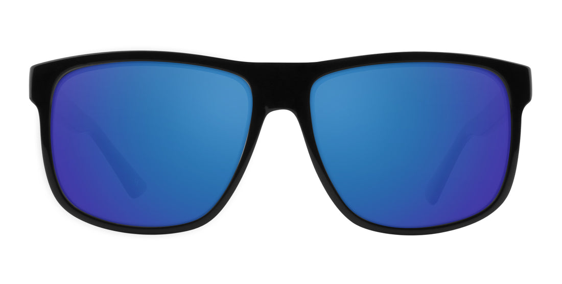 Front view of Triumph prescription sunglasses showcasing a glossy black large frame with blue mirrored lenses on white background