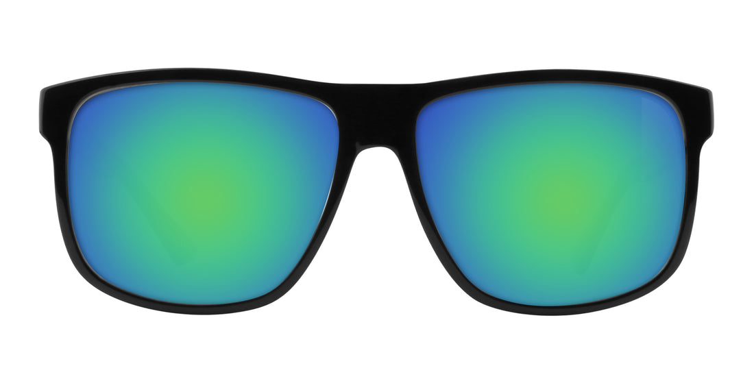 Front of Triumph Rx sunglasses showing large gloss black frame and green mirrored lenses on white background