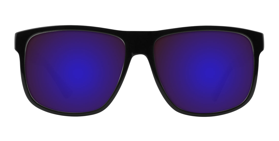Front view of Triumph Rx sunglasses showing gloss black large frame and blue-purple mirrored lenses on white background