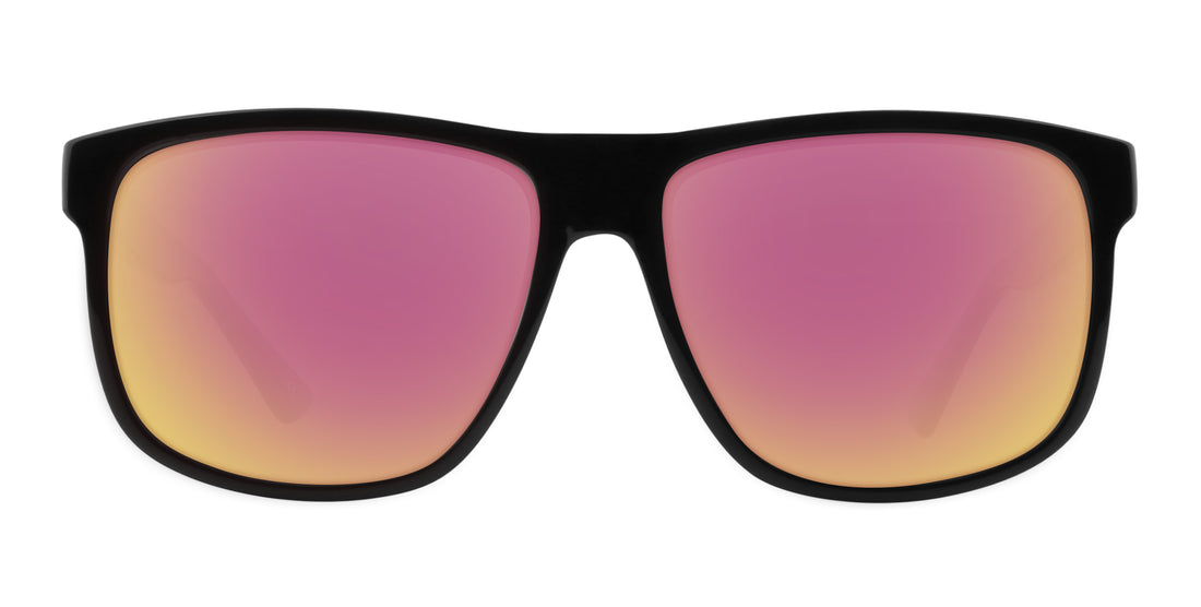 Front close-up of Triumph sunglasses showcasing glossy black large frame and rose-pink mirrored prescription lenses on white background