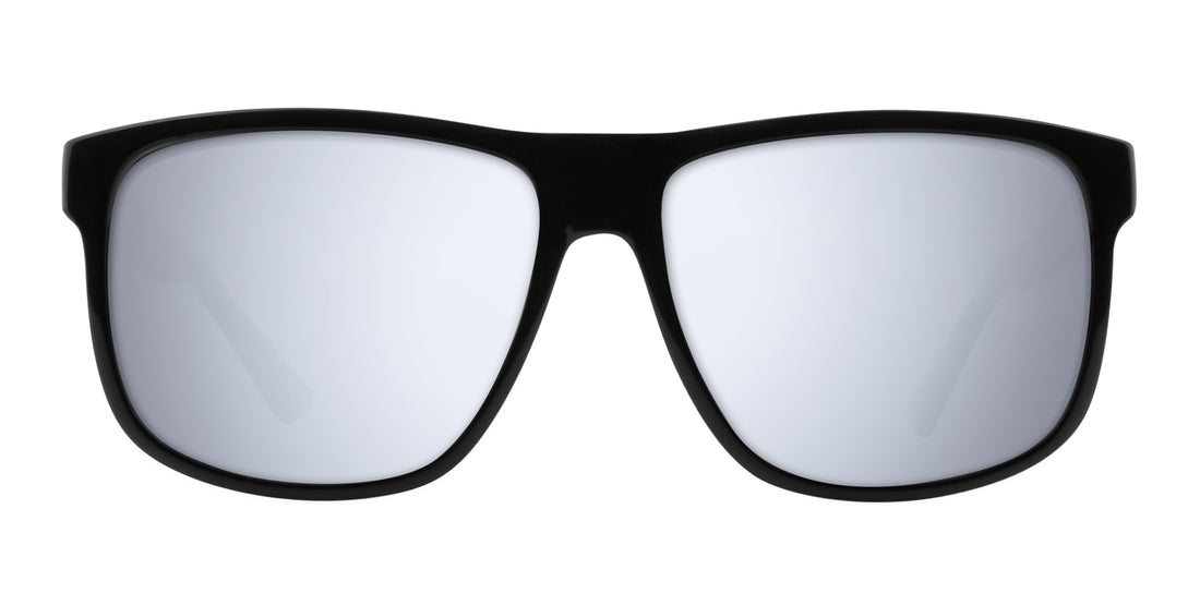 Close-up front view of Triumph prescription sunglasses showcasing a large glossy black frame with silver mirrored lenses on white background