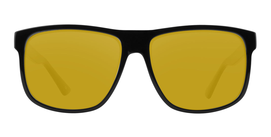 Close-up front view of Triumph Rx prescription sunglasses showcasing glossy black large frame and yellow lenses on white background