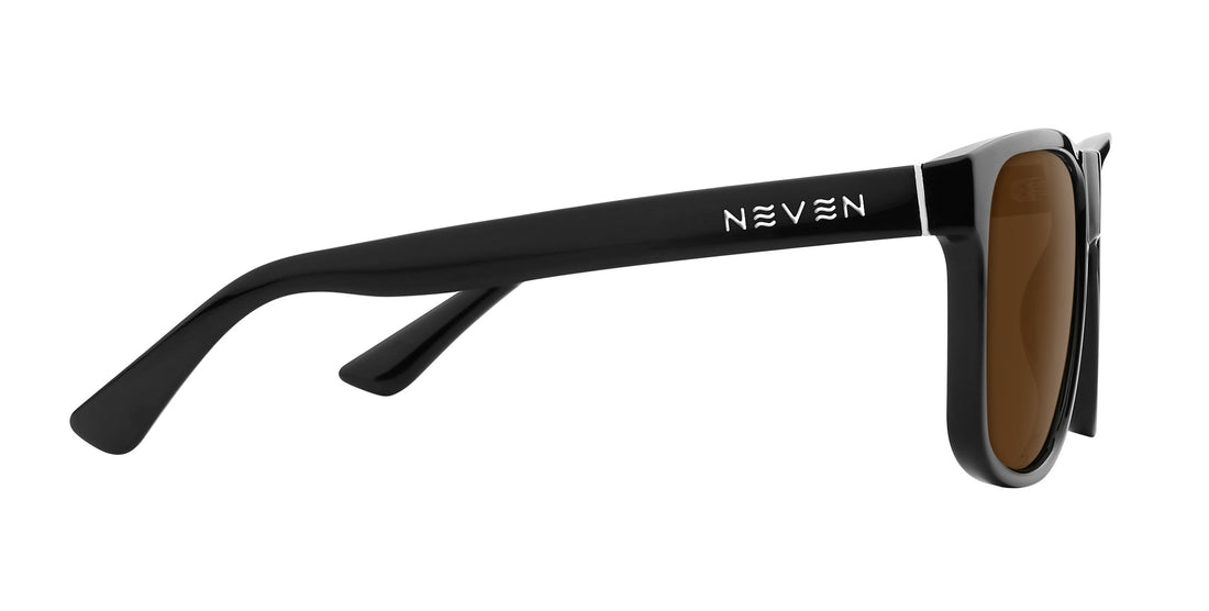 Side view of Triumph sunglasses showcasing NEVEN logo on black glossy temple and brown lens on white background