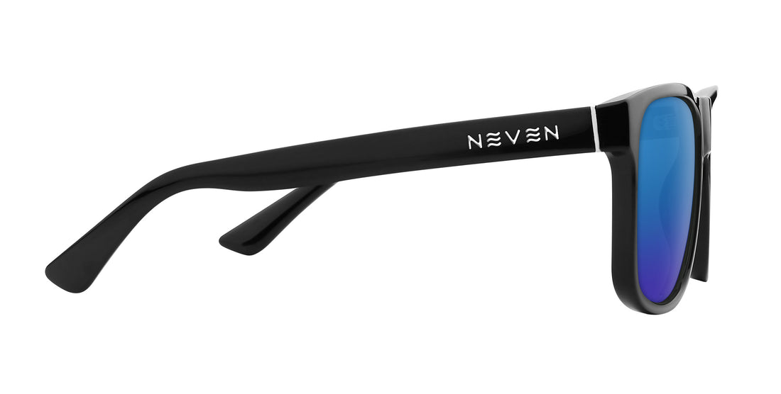 Close up side view of Triumph Rx sunglasses showcasing glossy black temple with Neven logo and blue mirrored lens on white background