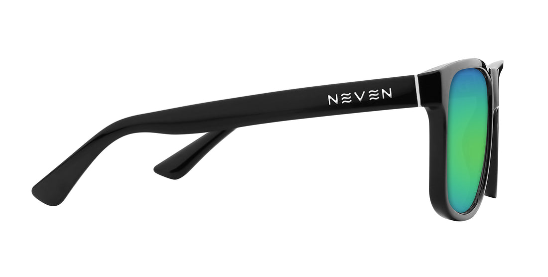 Side view of Triumph Rx sunglasses showing black glossy frame, green mirrored lens and Neven logo on white background