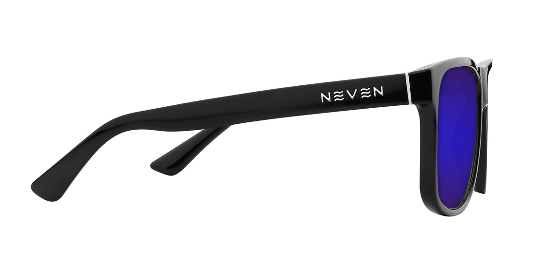 Side view of Triumph Rx sunglasses showing black glossy frame with silver accents, Neven logo on temple, purple lens