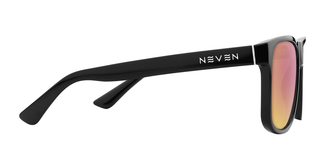 Right-side close-up of Triumph sunglasses: glossy black temple with NEVEN logo and pink mirrored lens