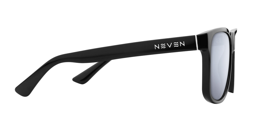 Side view of Triumph prescription sunglasses showing glossy black temple with silver Neven logo and accent on white background