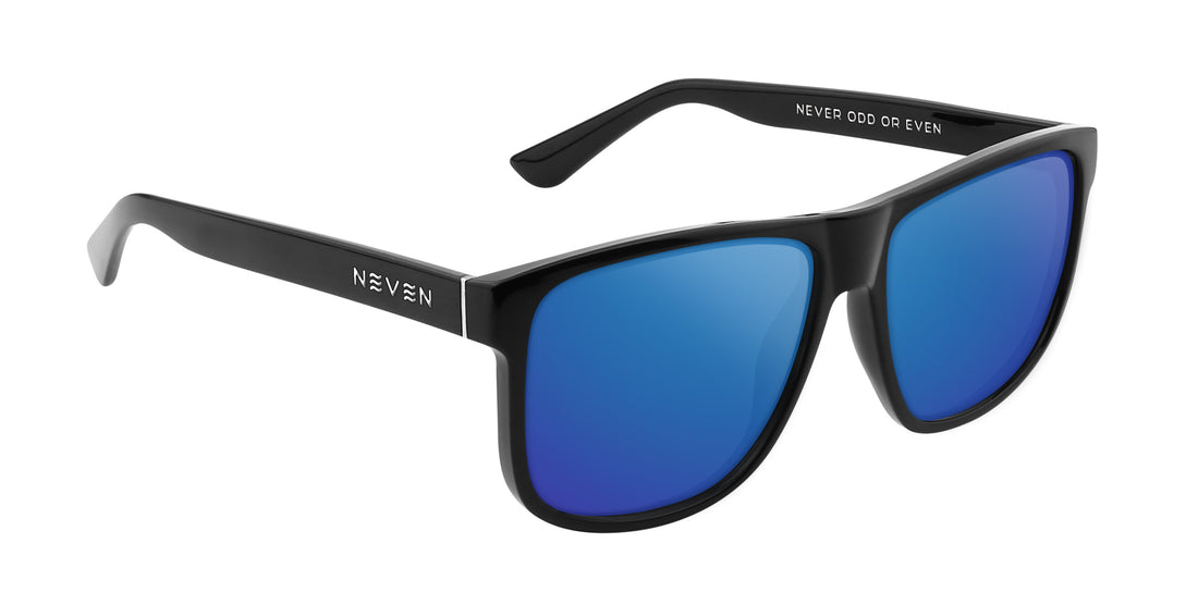Three quarter view of Triumph sunglasses with glossy black frame, silver temple accents and blue mirrored lenses