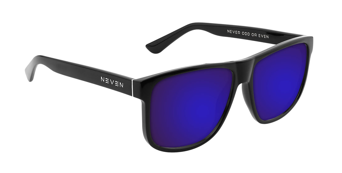 Three-quarter view of Triumph Rx sunglasses showing a large gloss black frame, blue mirrored lenses, and silver temple logo on white background