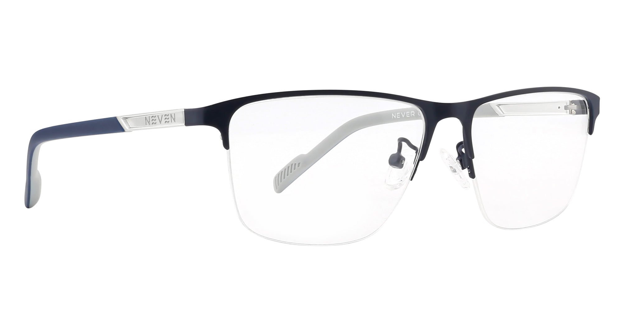 Swain prescription glasses with a sleek half-rim design in blue and gray.