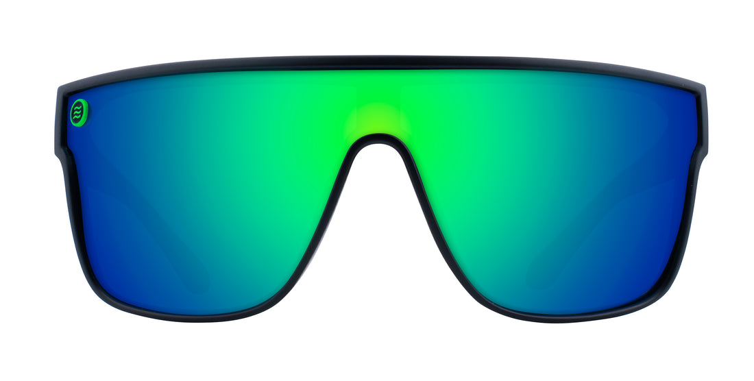 Front view of Wire polarized wraparound sunglasses with blue-green reflective lenses on white background