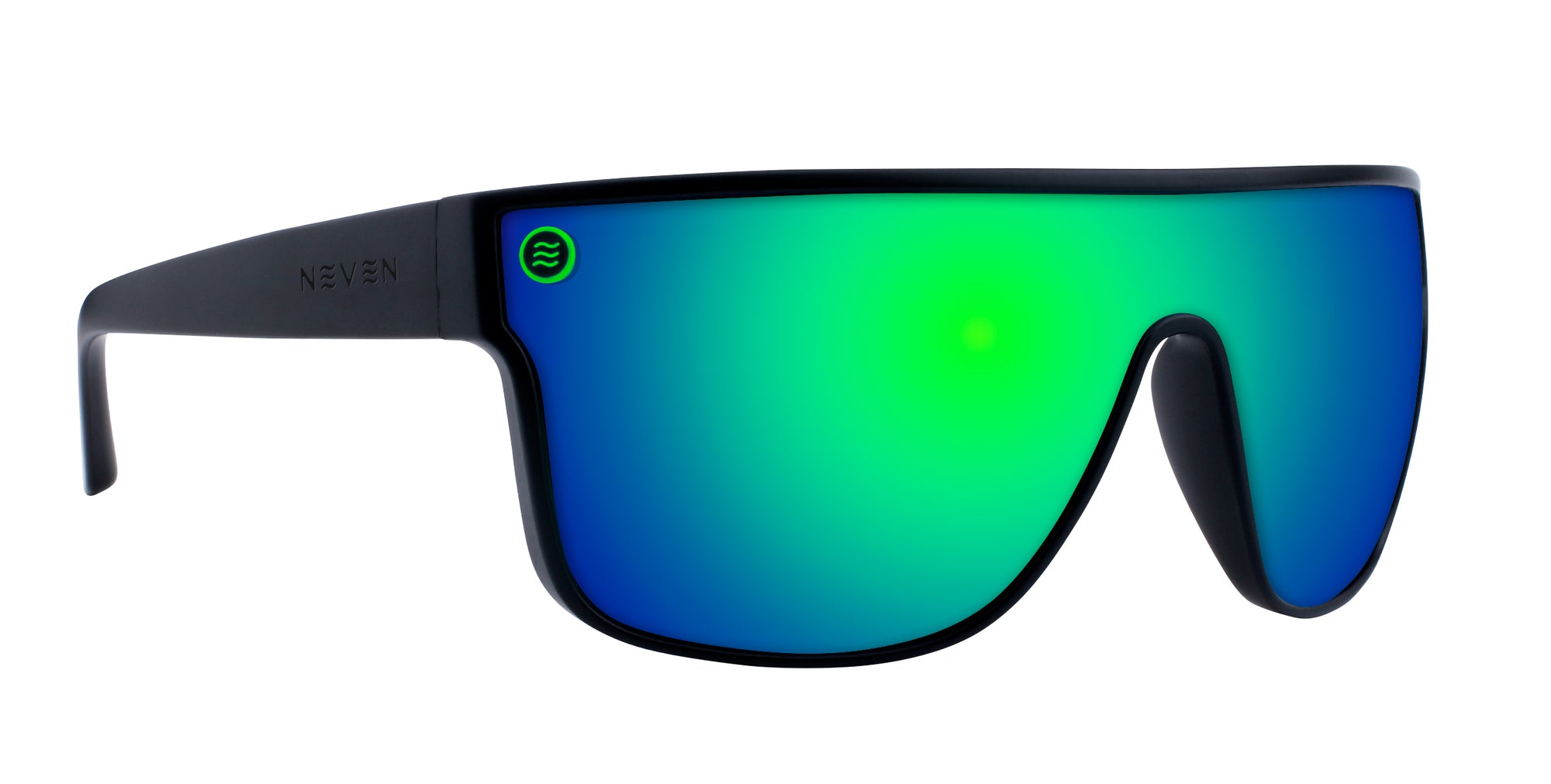 Valley Black/Green Wraparound polarized sunglasses with reflective green-blue lenses.
