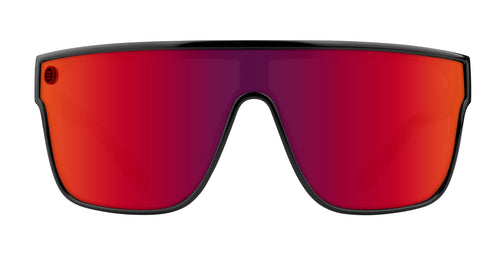 Well Done red shield polarized sunglasses with black frame and red lenses.