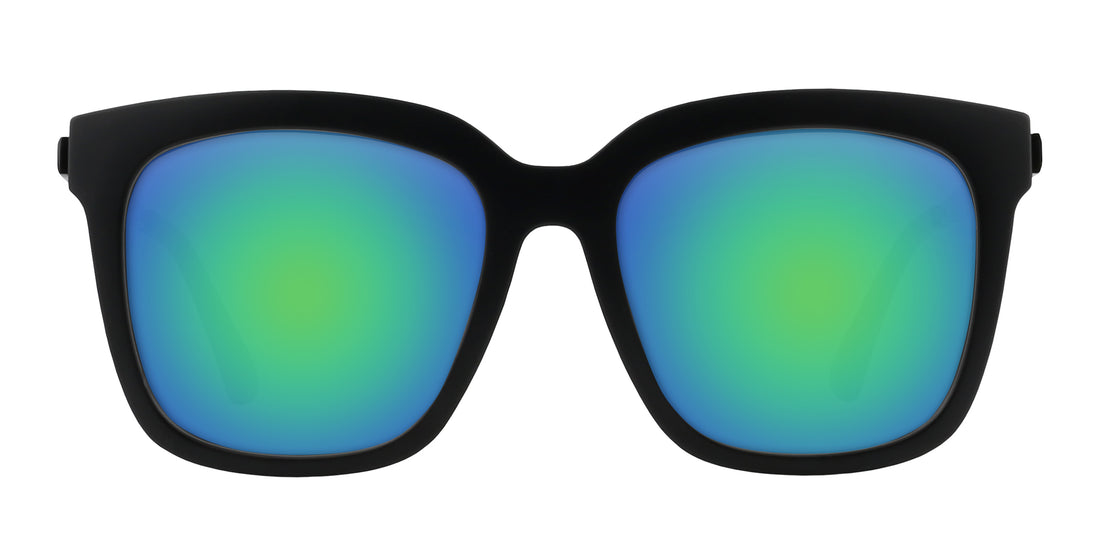 Front close-up of Lido prescription sunglasses showing matte black frame with blue-green lenses on white background