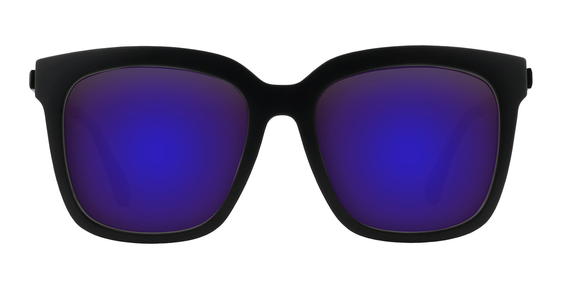 Front close-up of Lido prescription sunglasses showcasing matte black square frames and purple mirrored lenses with white background