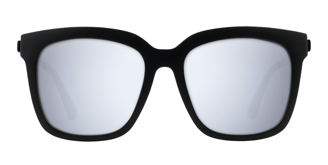 Front view of Lido prescription sunglasses showcasing matte black square frame with silver mirrored lenses on white background