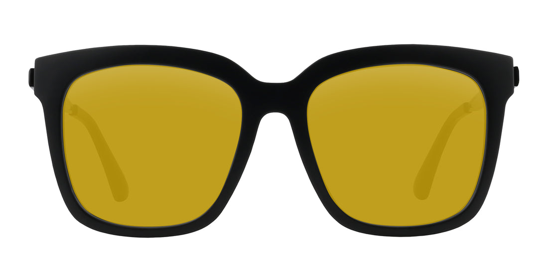 Front view of Lido prescription sunglasses showcasing matte black medium frame and yellow lenses on white background