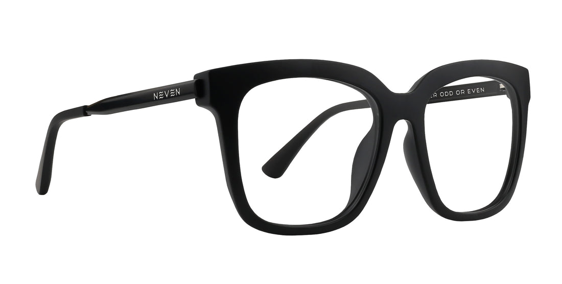 Lido matte black square prescription glasses with visible text 'NEVEN' on the arm.