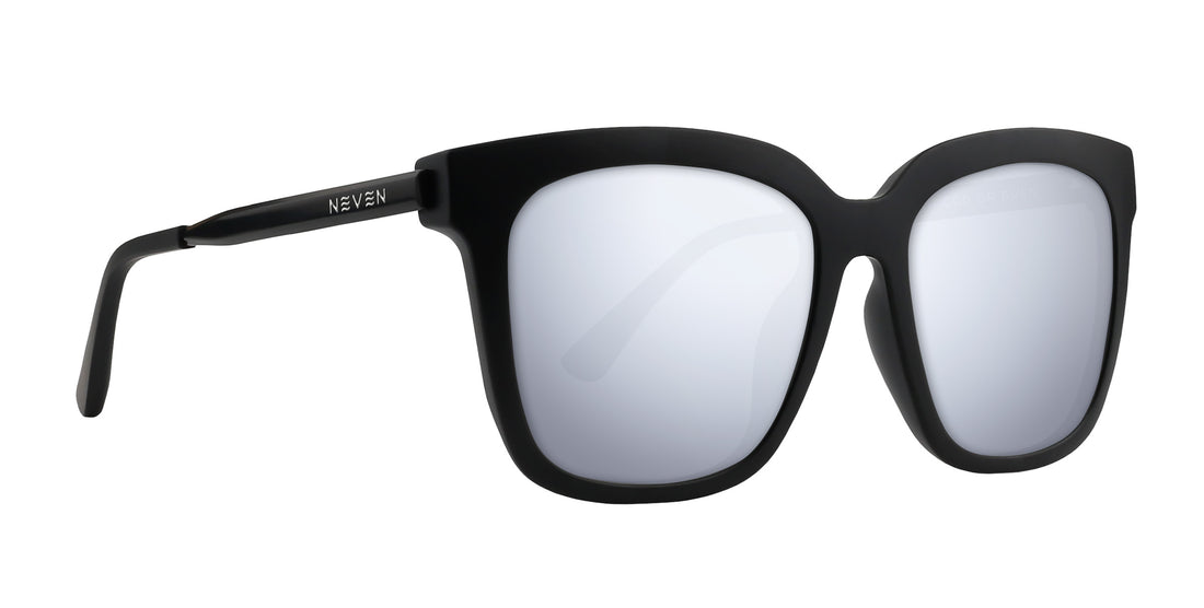 Close-up of Lido prescription sunglasses, matte black frame, silver mirrored lenses, engraved NEVEN temple, white background