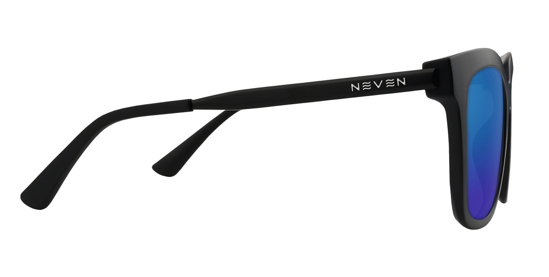 Side view of Lido sunglasses with matte black square frame, silver NEVEN logo on temple and blue mirrored lens