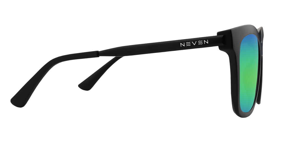 Side view of Lido prescription sunglasses, matte black frame and temple with silver NEVEN logo, green-blue mirrored lens