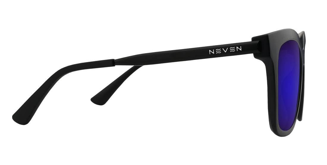 Side view of Lido Rx sunglasses showing matte black frame, temples engraved with NEVEN logo and purple lenses on white