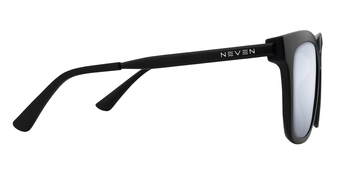 Side close-up of Lido sunglasses showcasing matte black frame and metal temple with engraved silver NEVEN logo on white