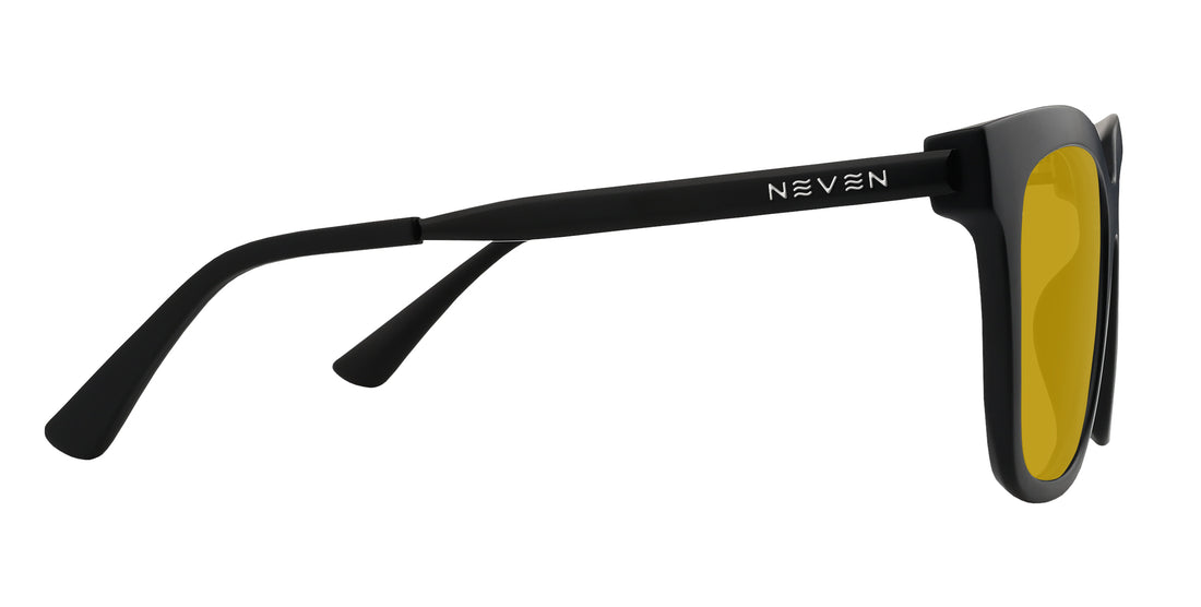 Side close-up of Lido prescription sunglasses showcasing matte black frame, metal temple with engraved silver NEVEN logo and yellow lens on white background