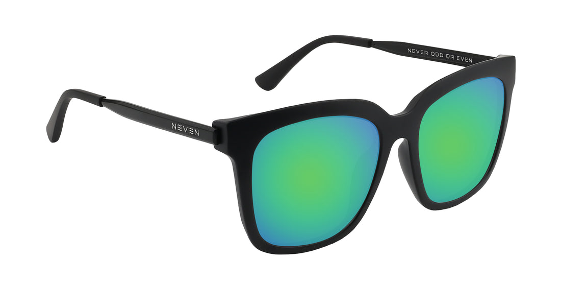 Close-up three-quarter view of Lido sunglasses with matte black frame, engraved metal temples, and green mirrored lenses
