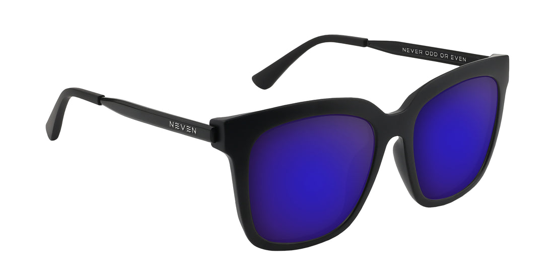 Angled close-up of Lido Rx sunglasses showing matte black frame and purple mirrored prescription lenses on white background